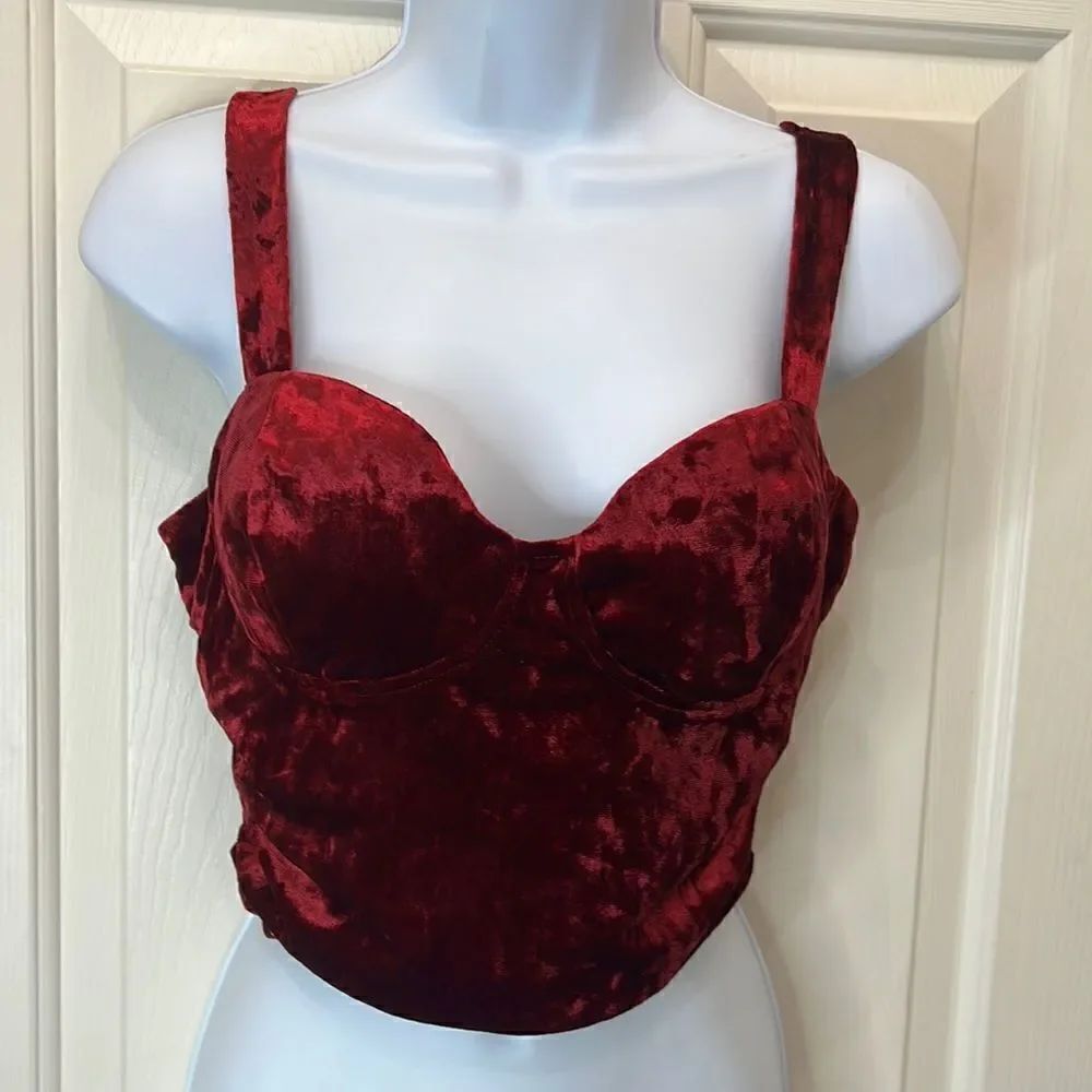 Meraki Crop Top Burgundy Red Velvet Size Large Padded Bust Elastic Stretch New